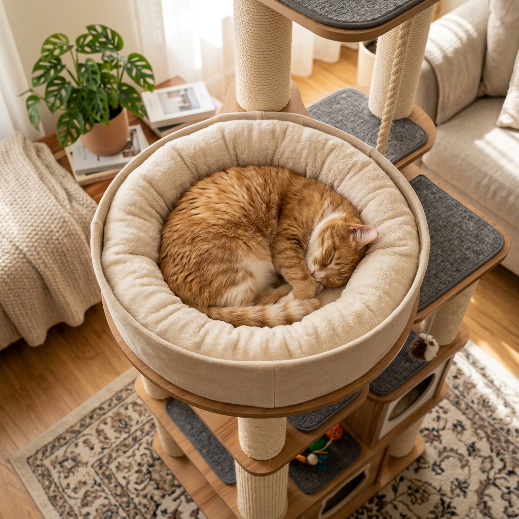 Cat resting on top perch of cat tree