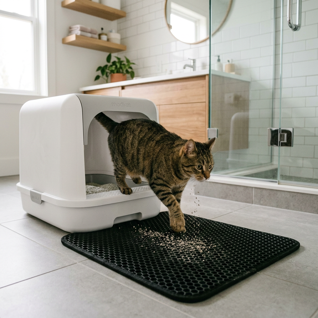 Cat stepping off litter box onto mat