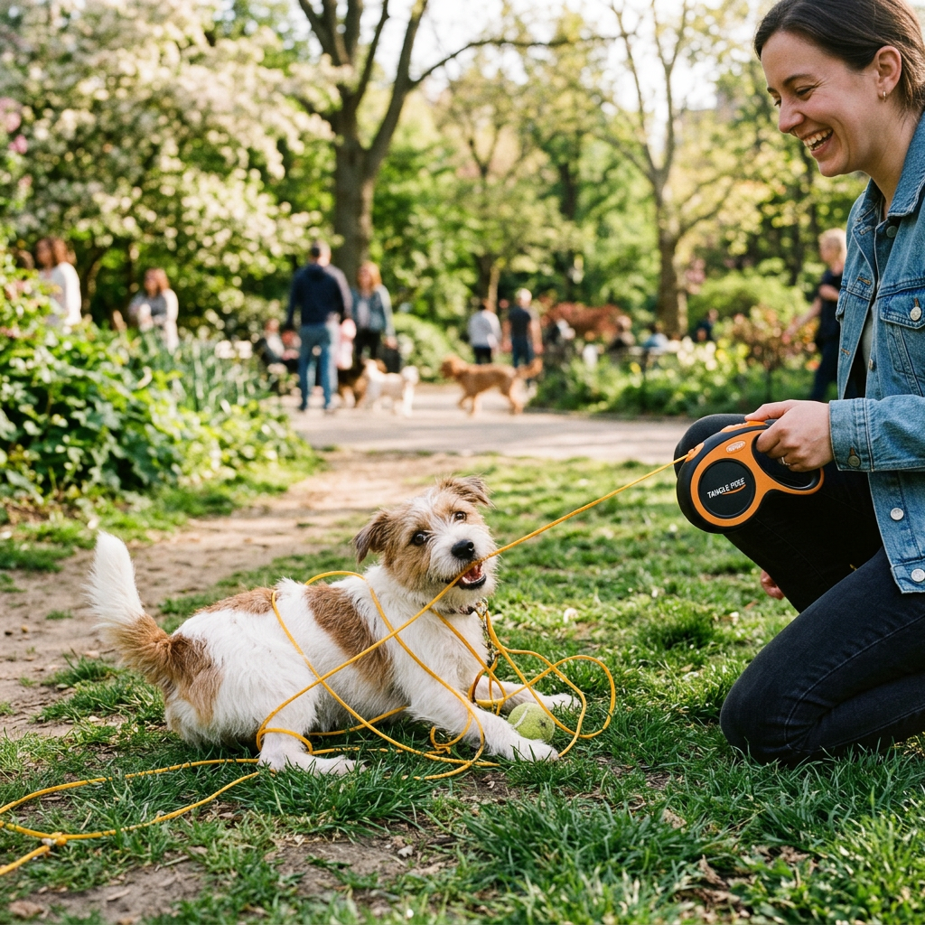 Playful dog with retractable leash