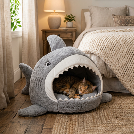 Shark pet bed with cat inside
