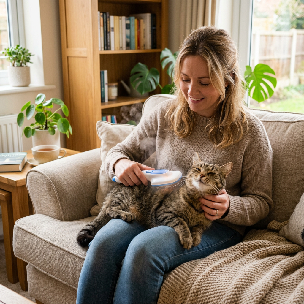 Steam brush being used on cat
