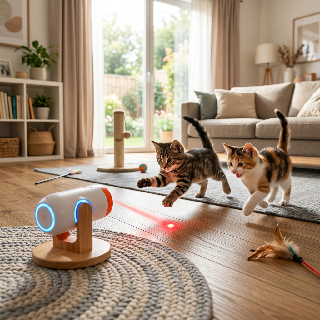 Two kittens playing with laser toy