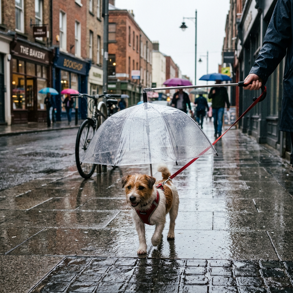 Dog umbrella in use in rain