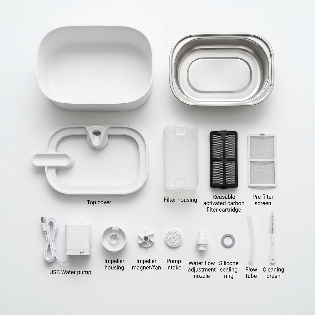 Water bowl disassembled parts