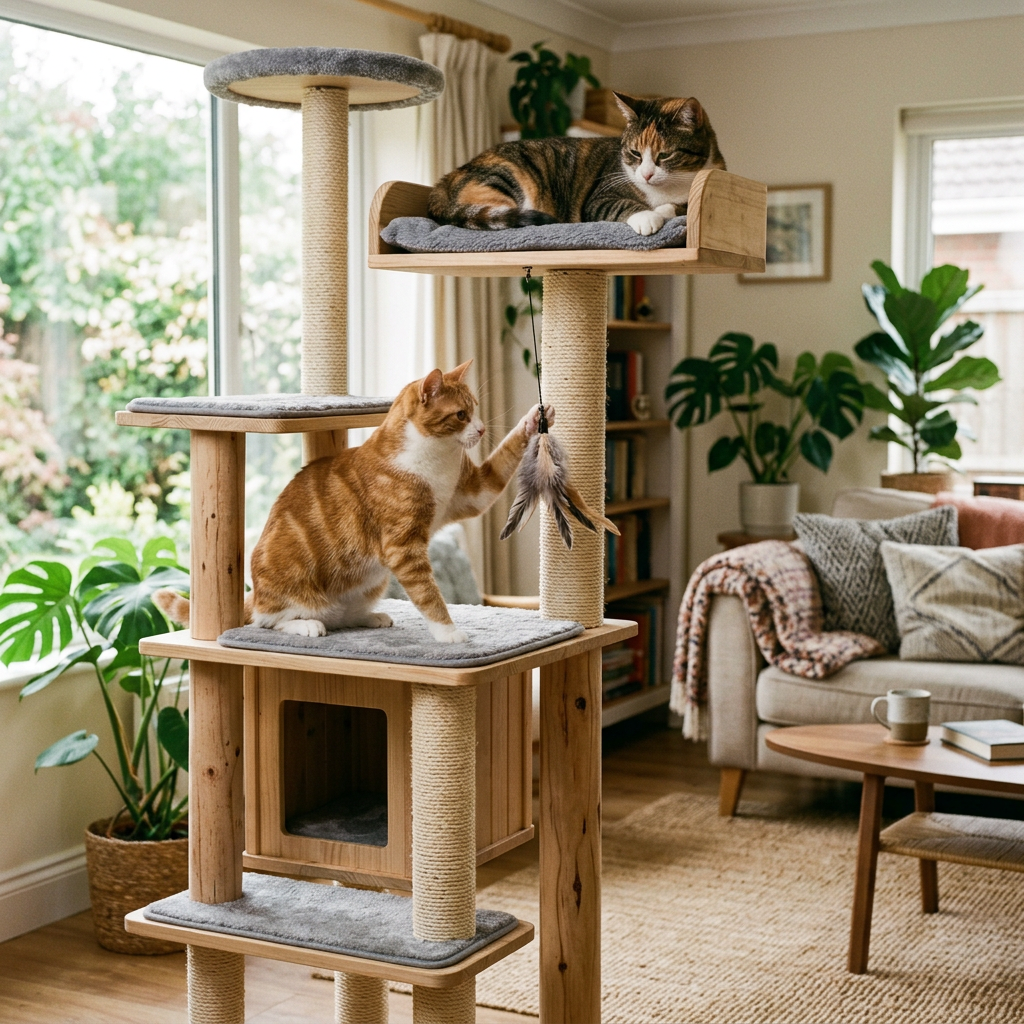 Two cats playing on cat tree